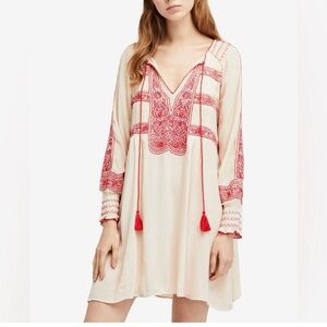Free People Boho Cream and Red Embroidered Dress